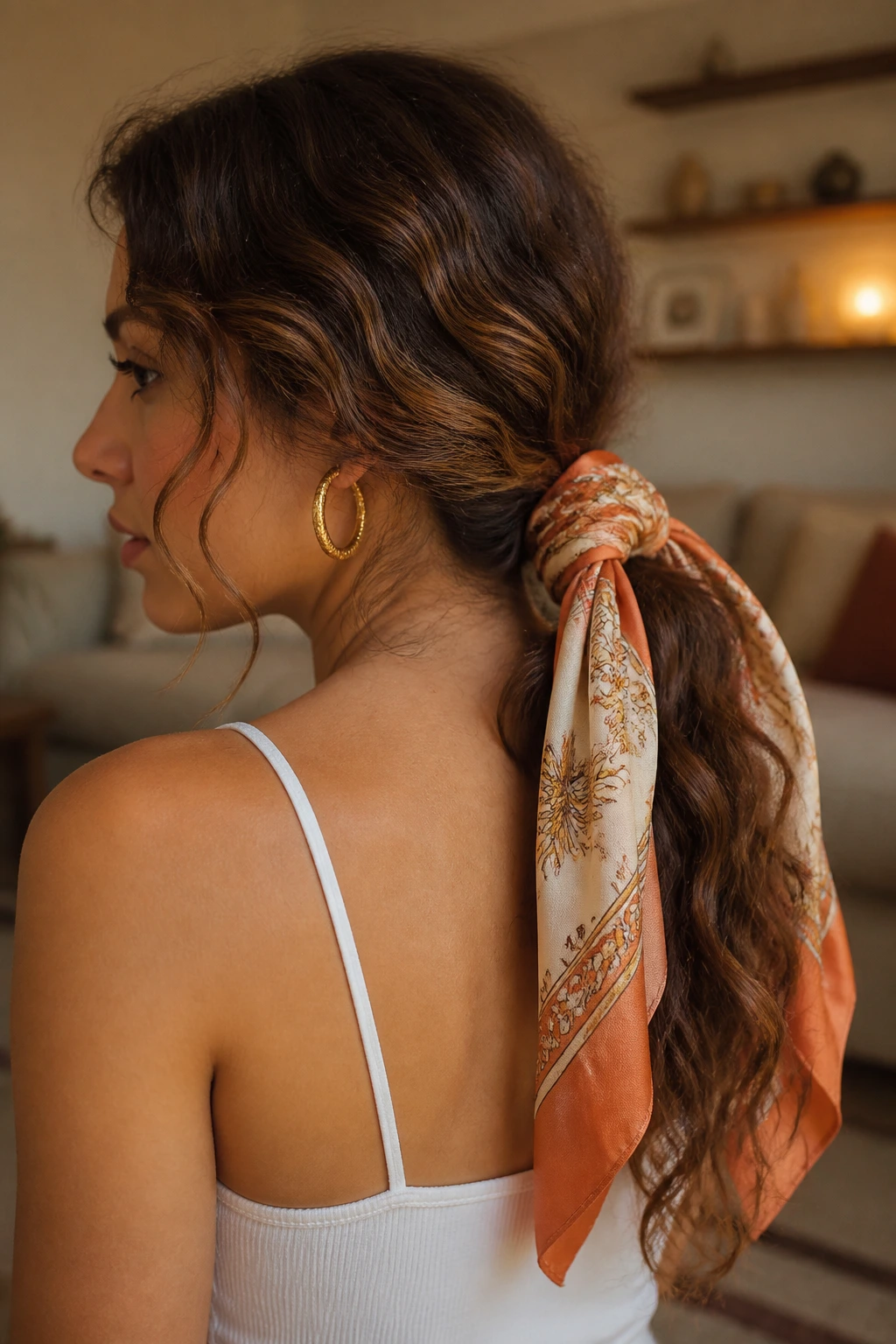 Close-up of a woman with a scarf-wrapped low ponytail at the nape