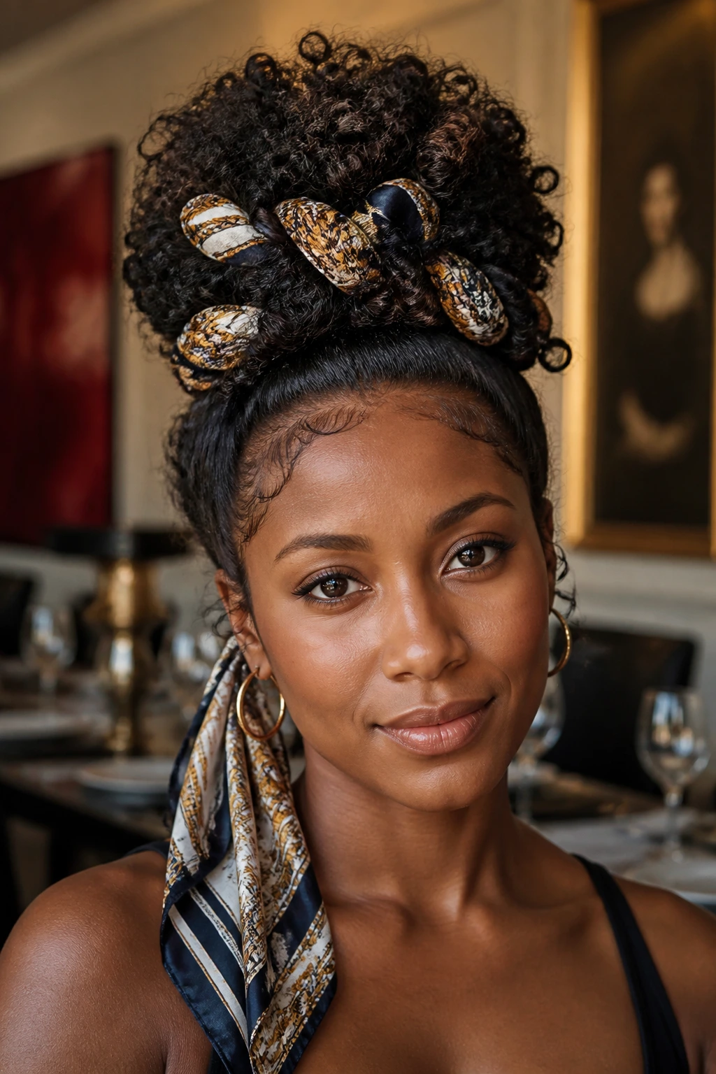 Portrait of a woman with a scarf-woven high puff hairstyle