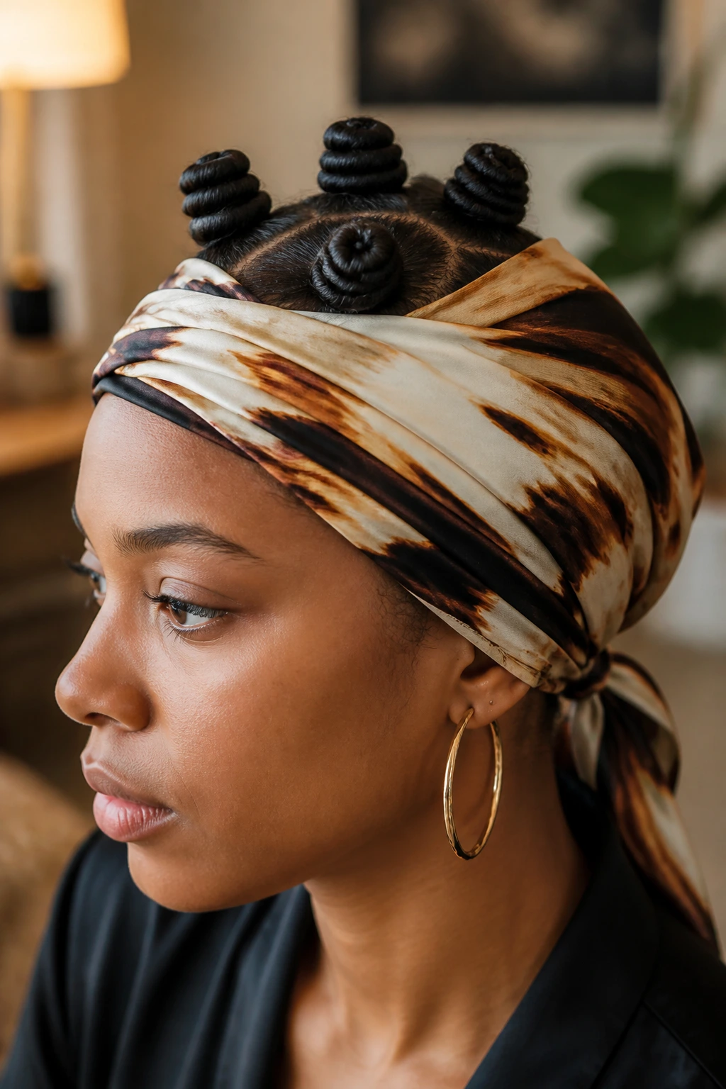 Real person wearing scarf-wrapped Bantu knots with scarf around head