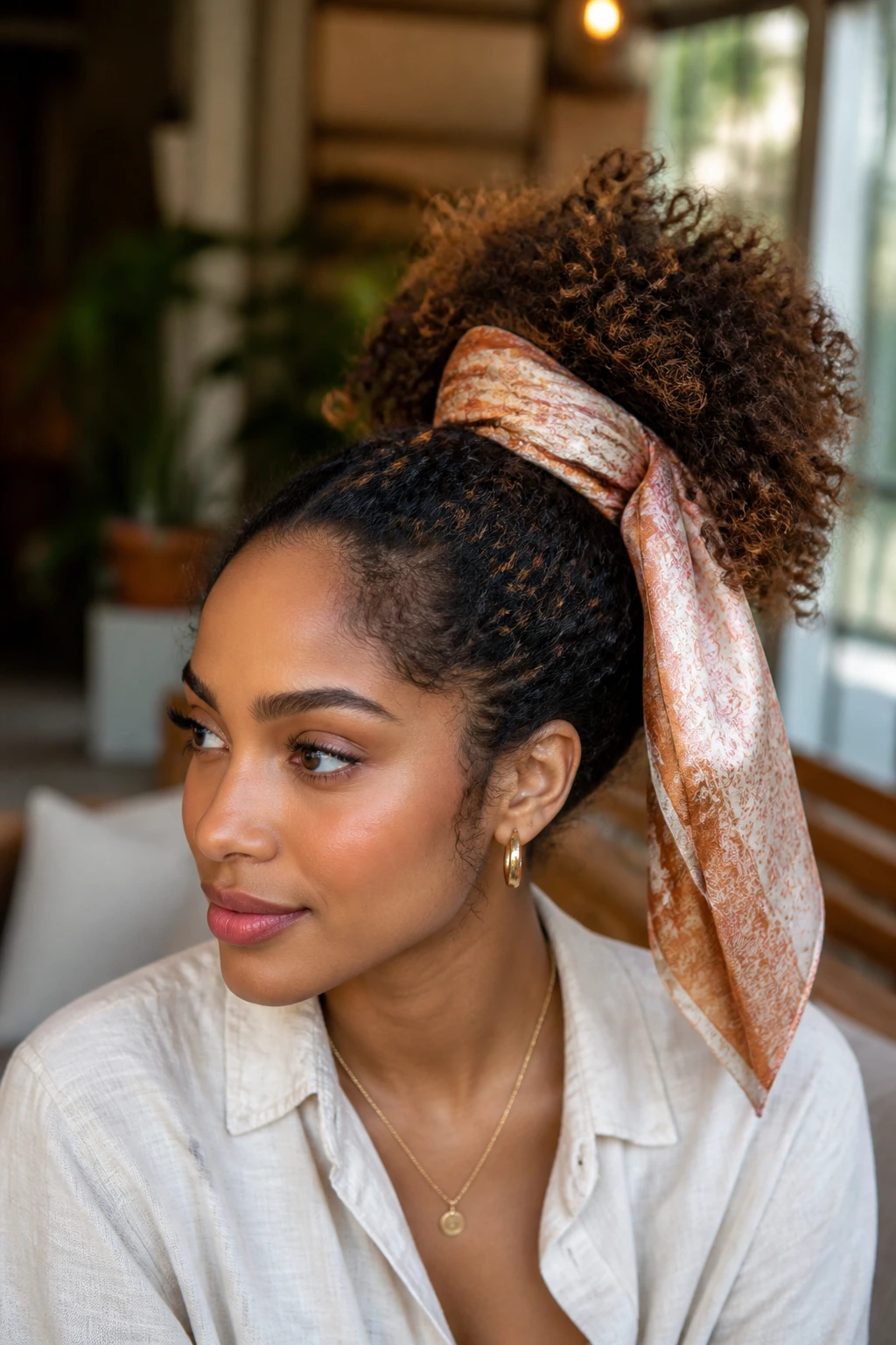 Portrait of a real woman wearing a scarf-wrapped puff with the scarf at the base of her ponytail.