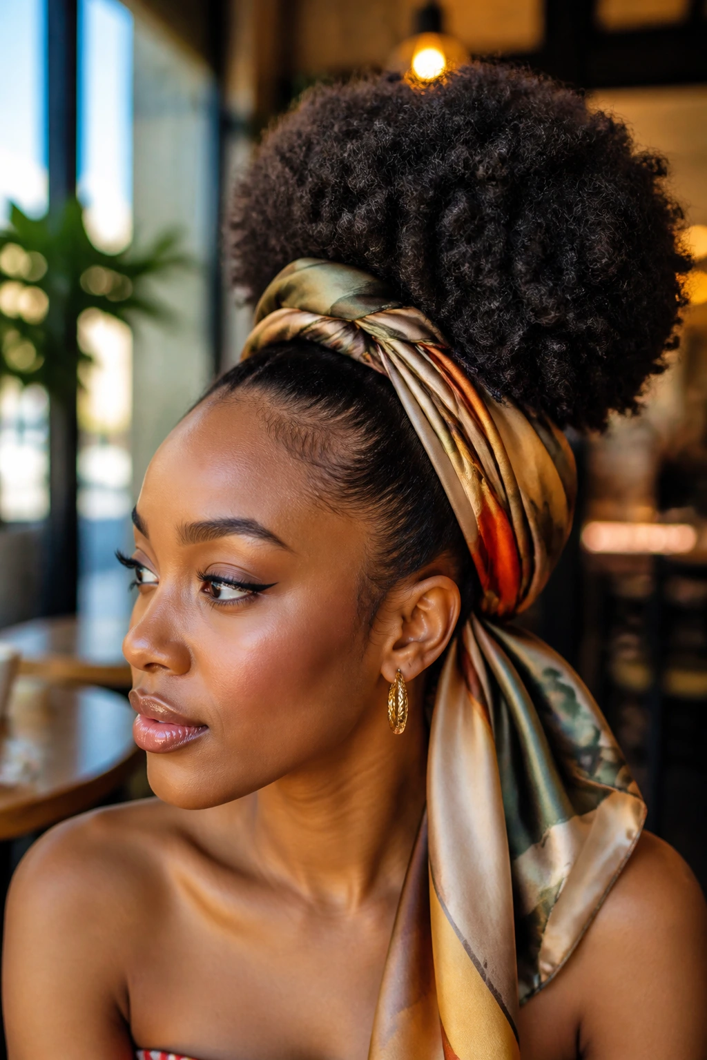 Close-up of a real woman with a scarf-wrapped puff and a satin scarf at the base of the puff.