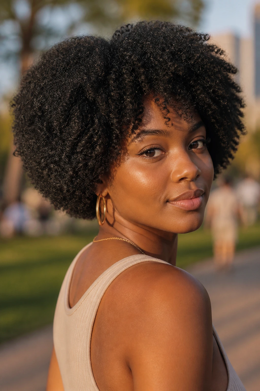 Close-up portrait of a real woman with a sculpted Afro Bob