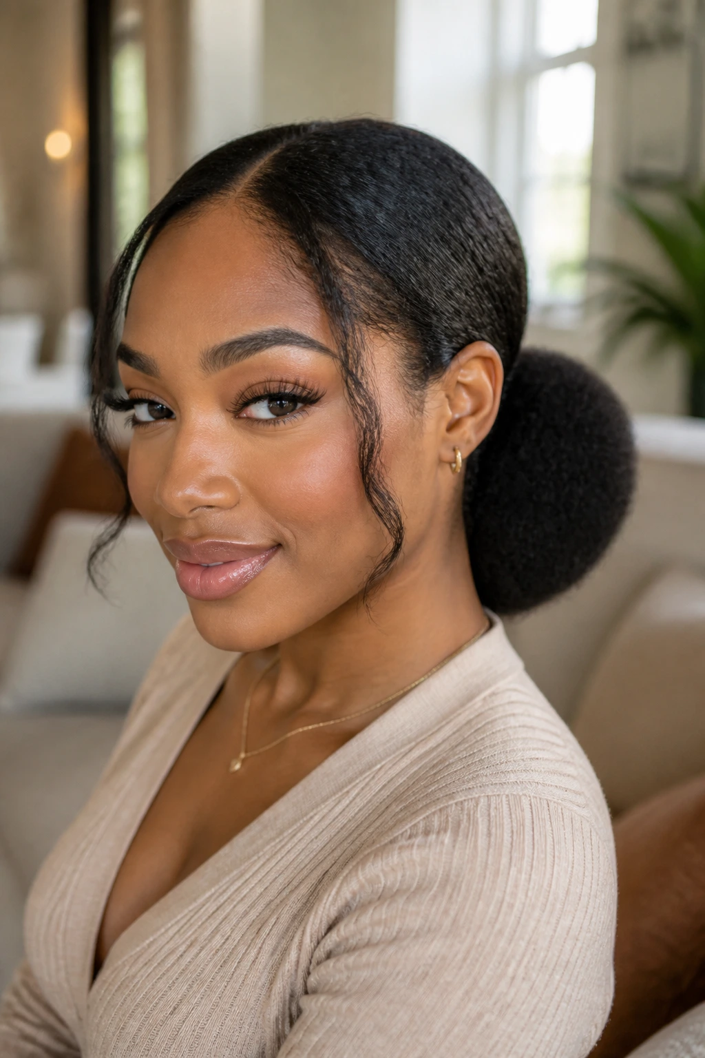 Close-up of a real woman with a sculpted low puff and face-framing pieces in a warm living room