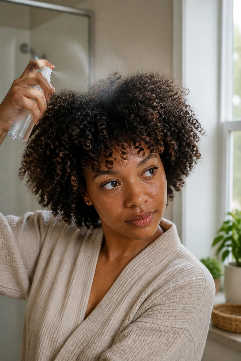 Close-up of a real woman refreshing second-day curls with a spray bottle at the crown