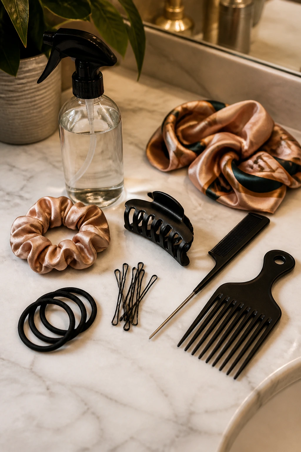 Top-down arrangement of essential second-day curl tools on a bathroom counter