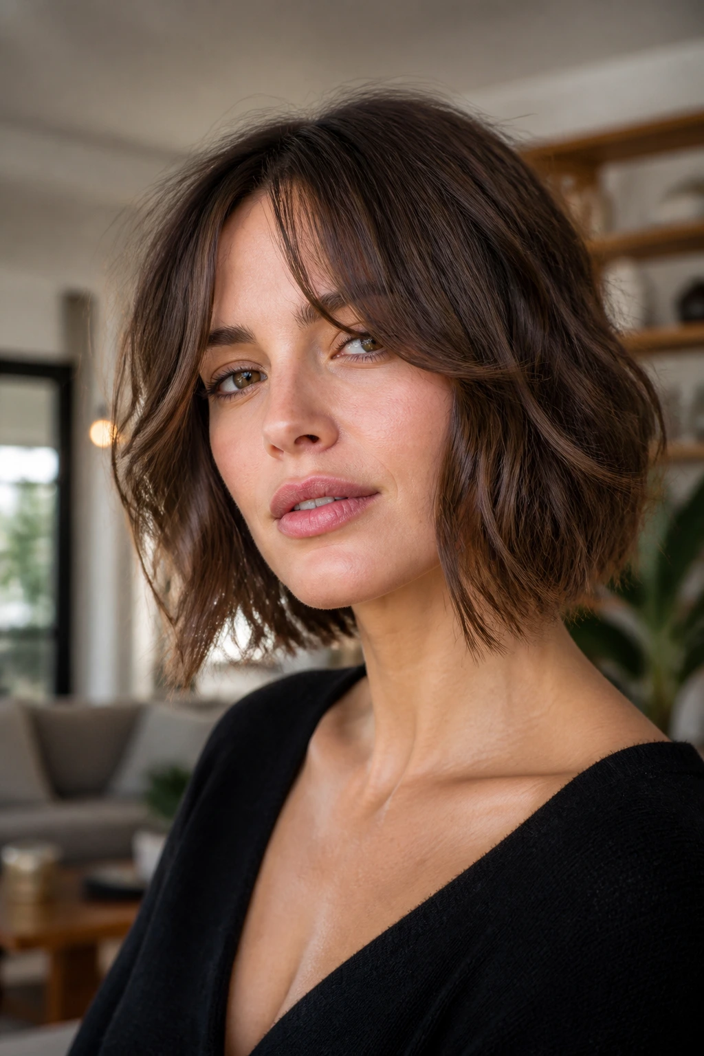 Close-up of a real woman with a shaggy bob and split bangs in natural window light