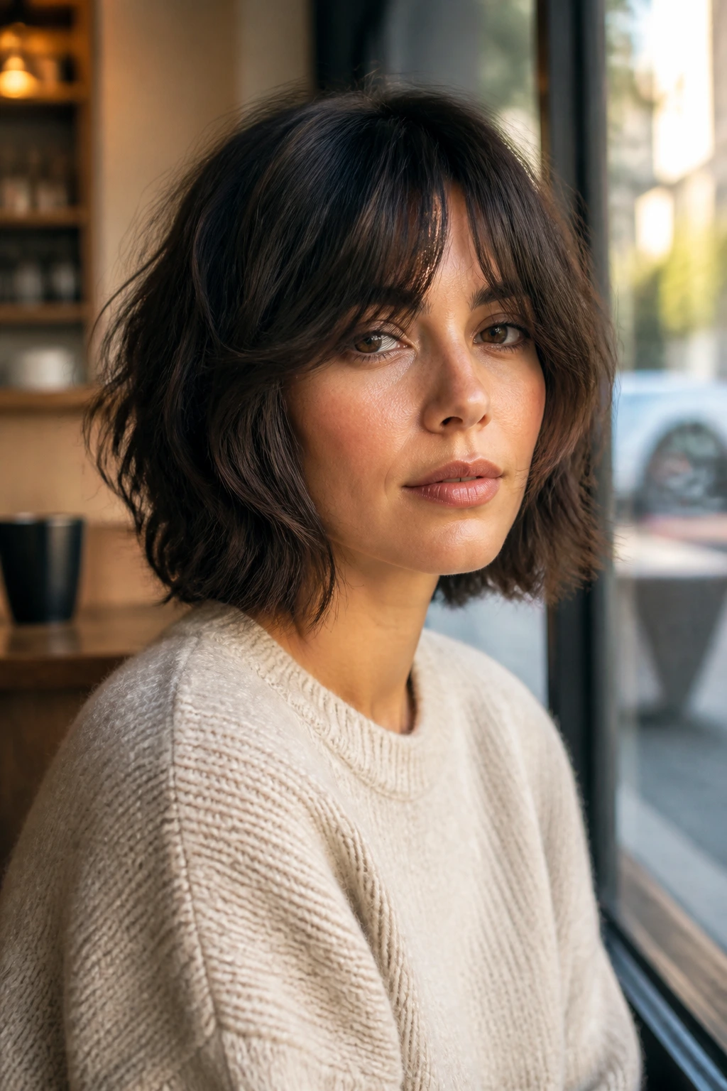 Portrait of a woman with a shaggy bob and curtain bangs in daylight