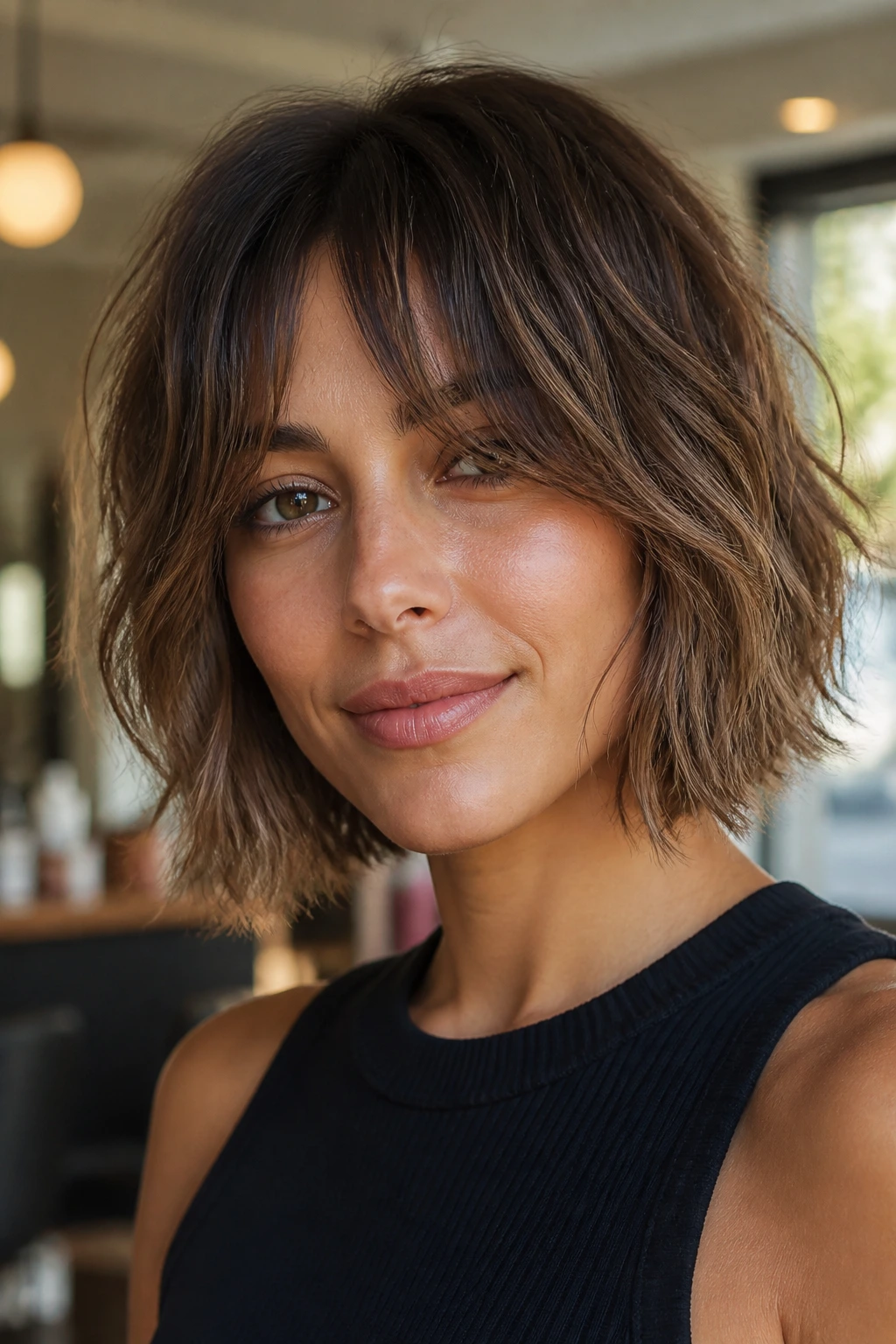 Close-up portrait of a real woman with shaggy bob and curtain bangs in warm salon light