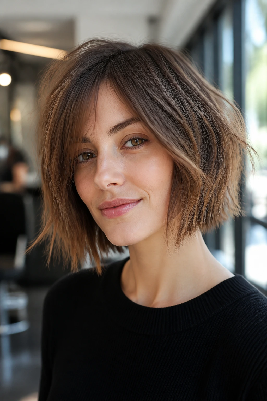 Portrait of a real person with a shaggy bob showing hidden internal layers and movement