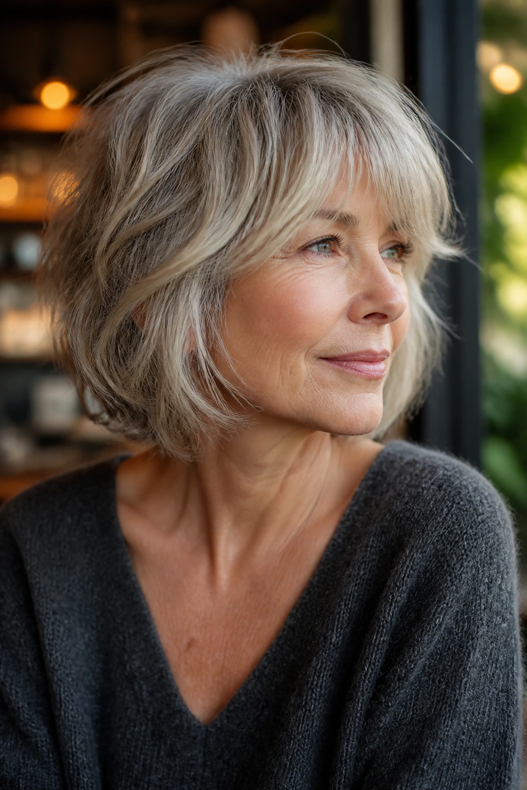 Portrait of a woman with a shaggy bob and choppy layers.