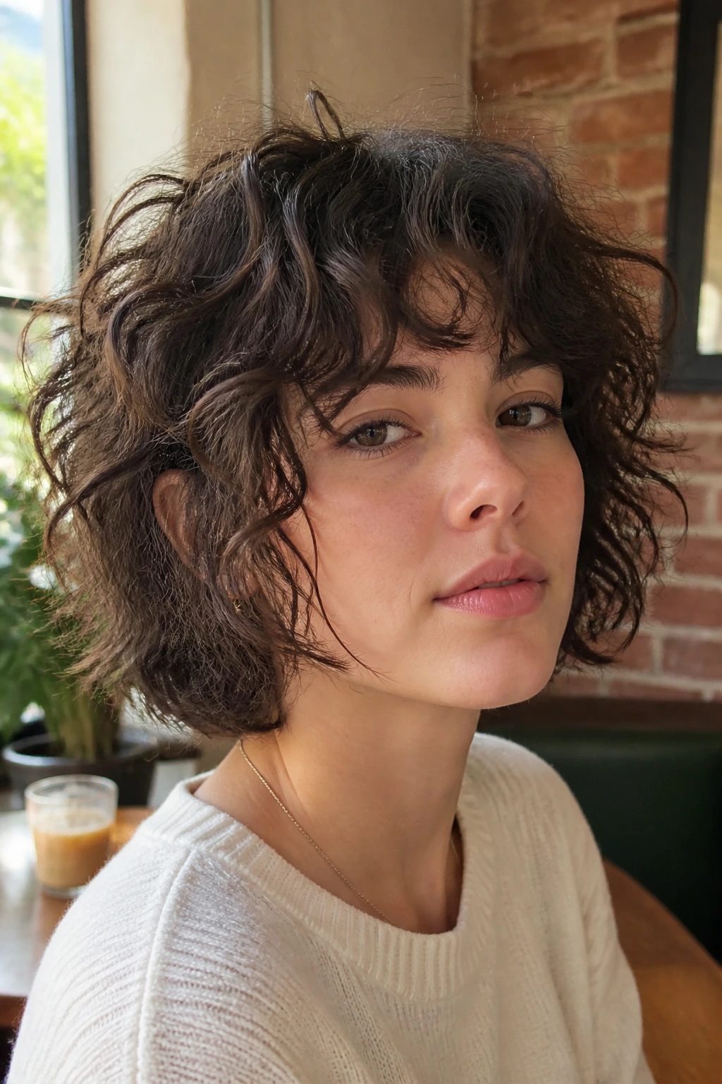 Close-up portrait of a real woman with shaggy bob and mixed-rod perm