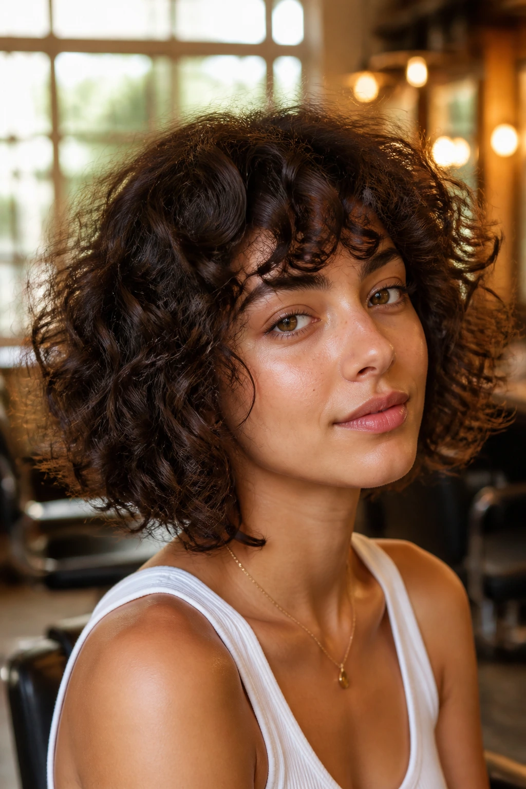 Close-up portrait of a real woman with a shaggy curly bob and fringe in a sunlit salon.
