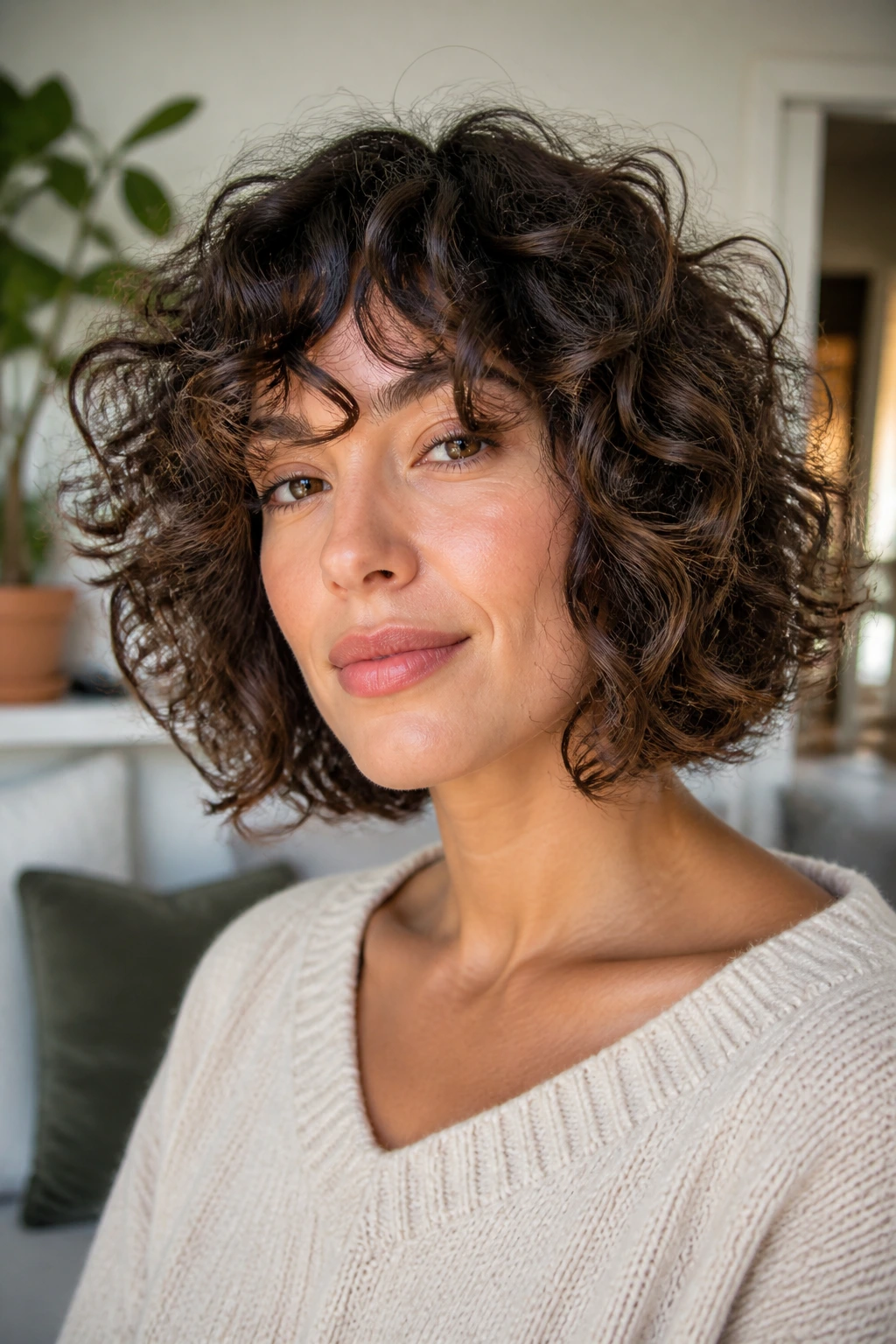 Close-up of a real woman with a shaggy curly bob in soft daylight.