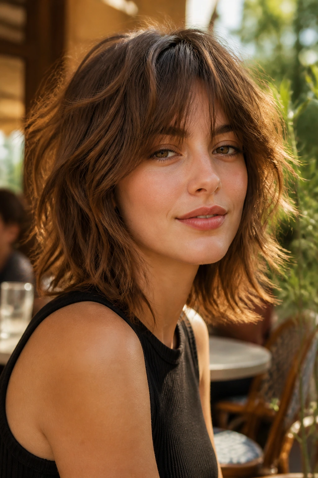 Portrait of a real person with shaggy lob and feathered bangs in an outdoor cafe