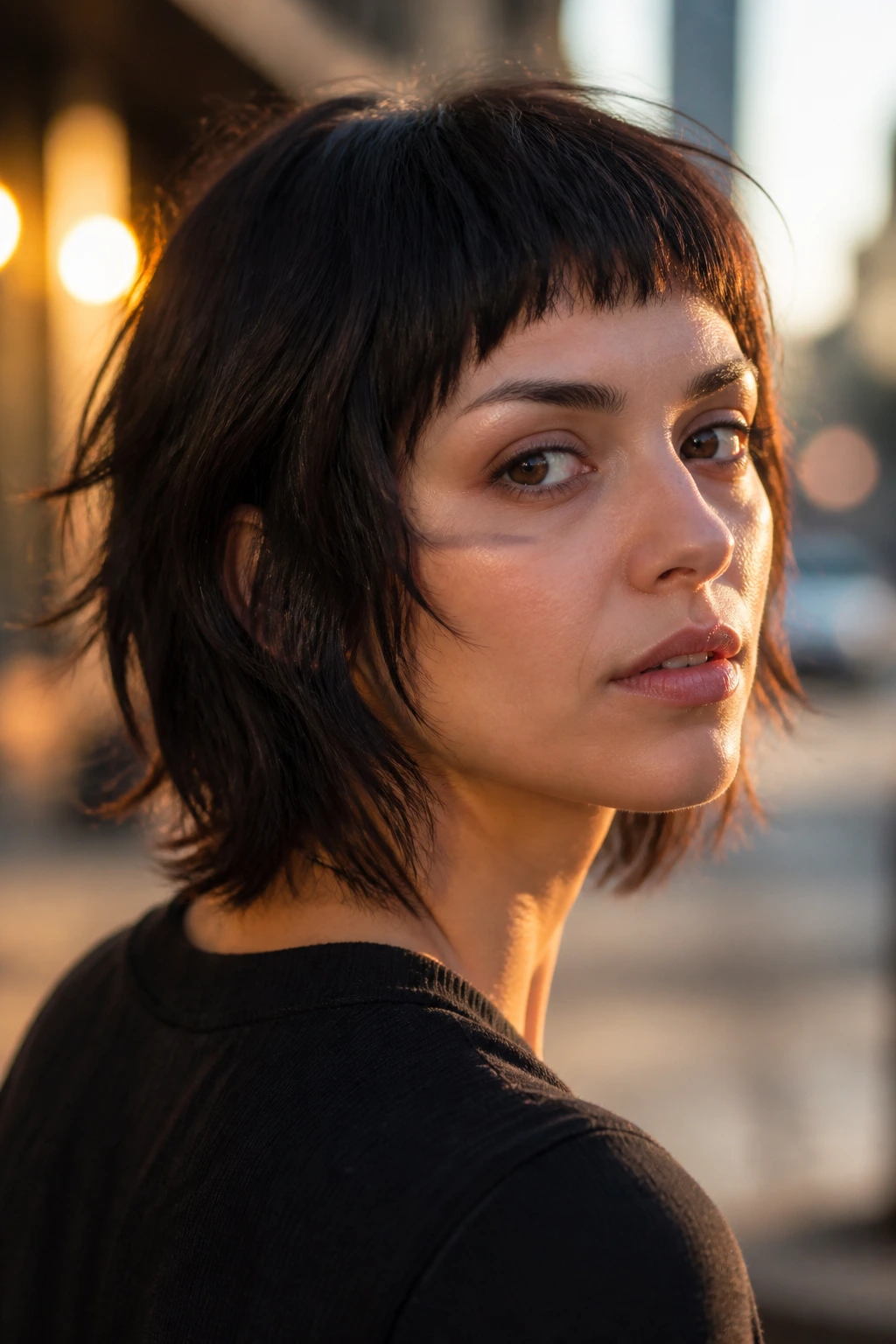 Close-up portrait of real woman with shaggy wolf cut bob and micro bangs on city street