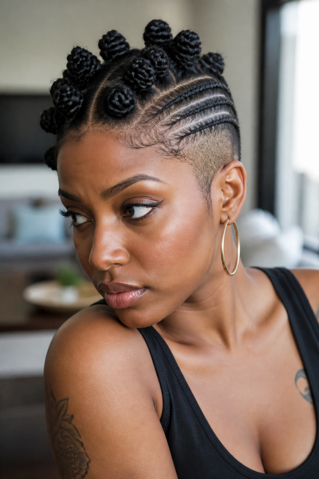 Close-up of shaved-side illusion knots on a real person