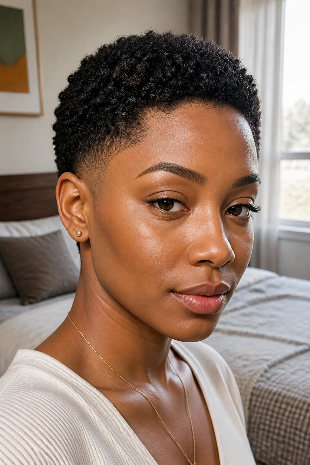 Close-up portrait of a real person with a short cropped tapered afro