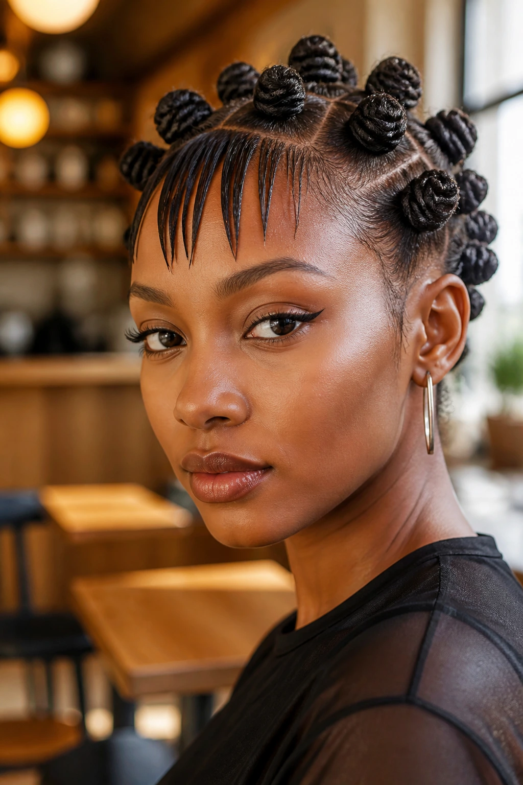 Close-up of real person with short Bantu knots and tapered bangs.