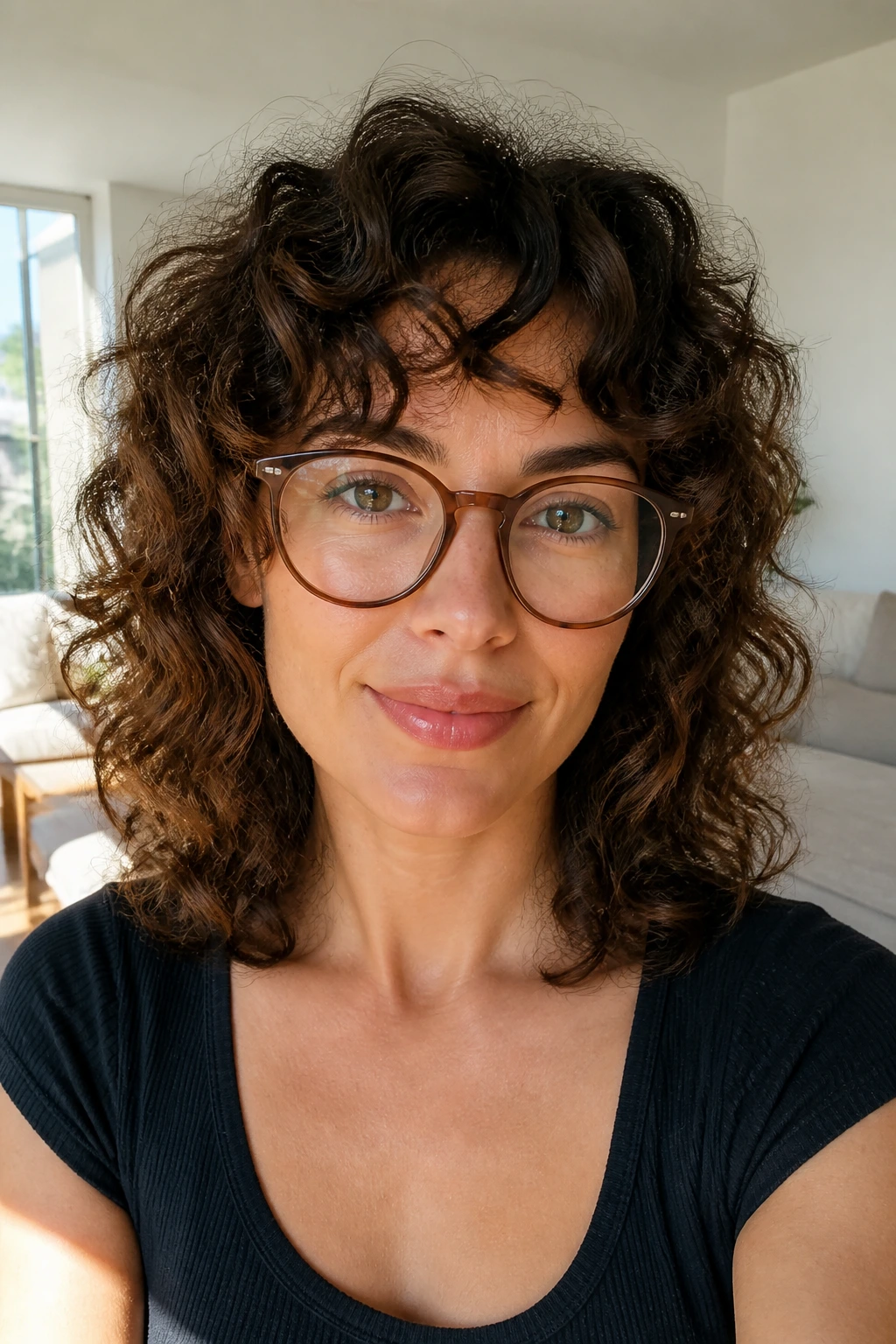 Close-up of a real woman with shoulder-grazing curled layers