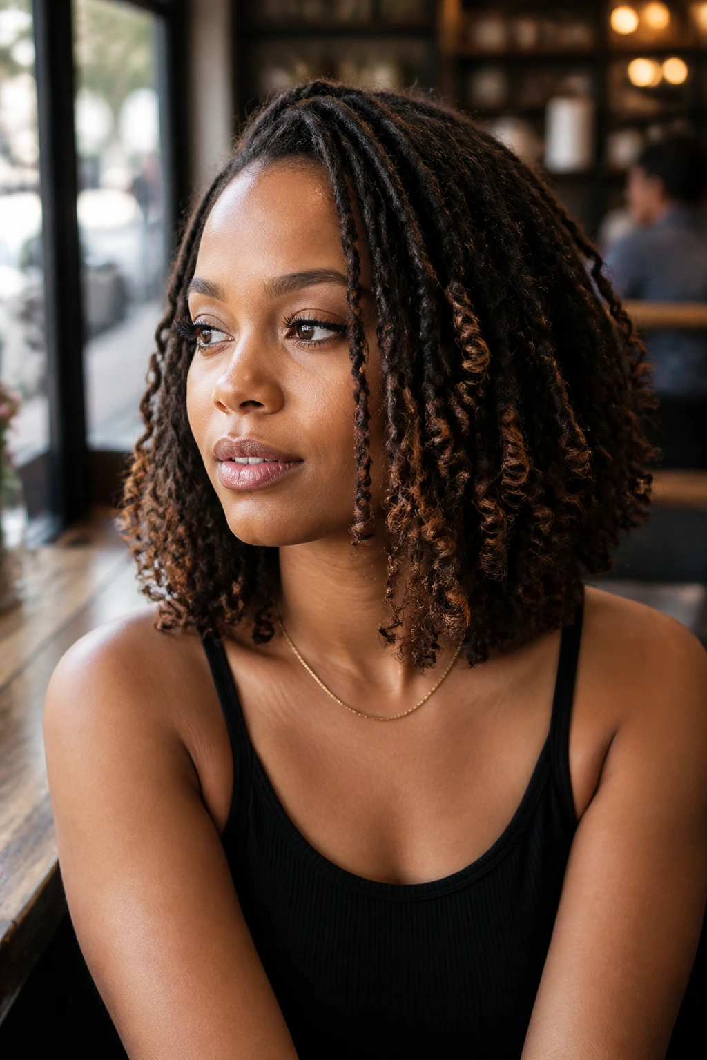Close-up of shoulder-length curly loc bob on a real woman