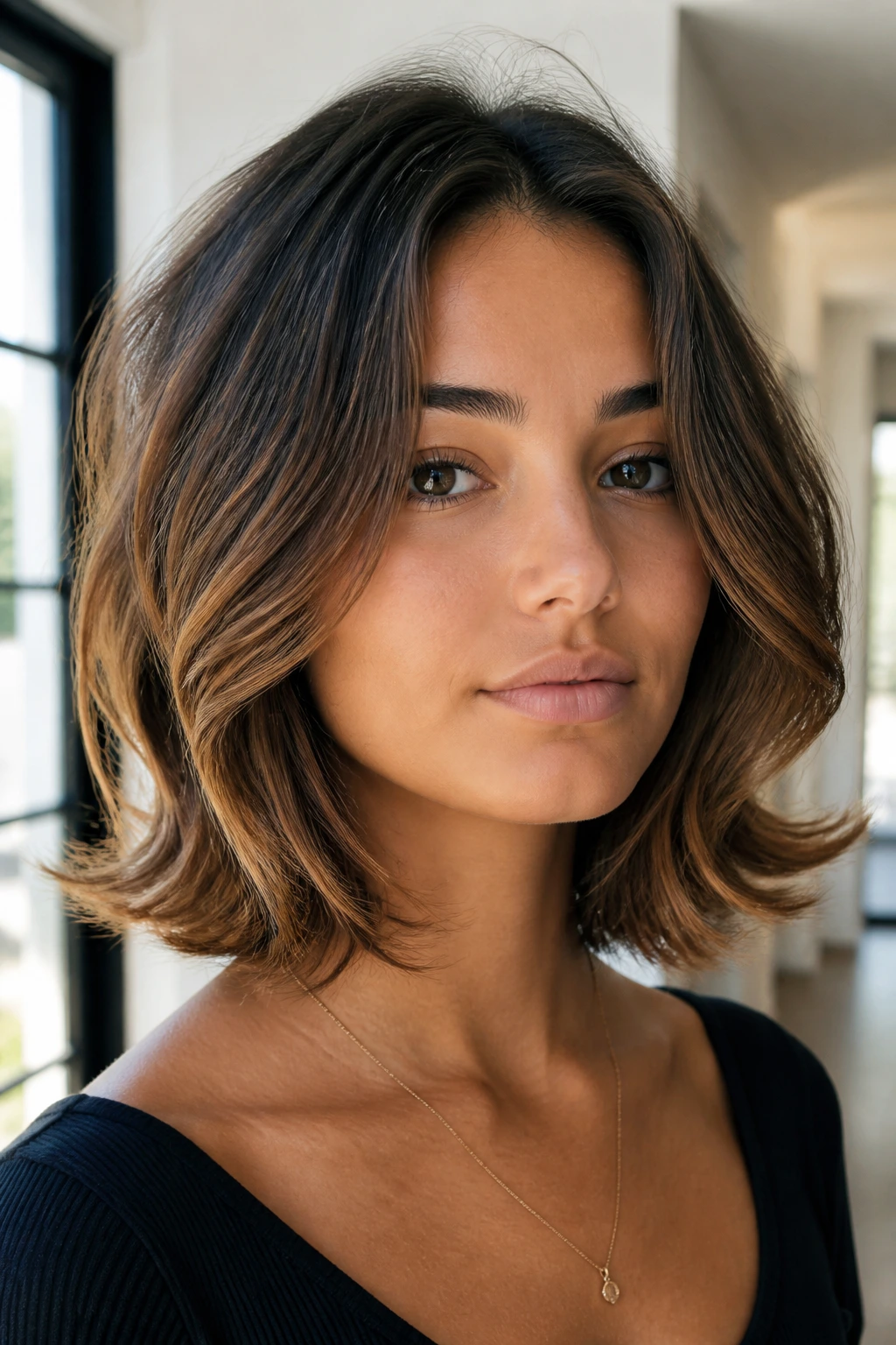 Real woman with shoulder-length lob and flipped ends, portrait shot.