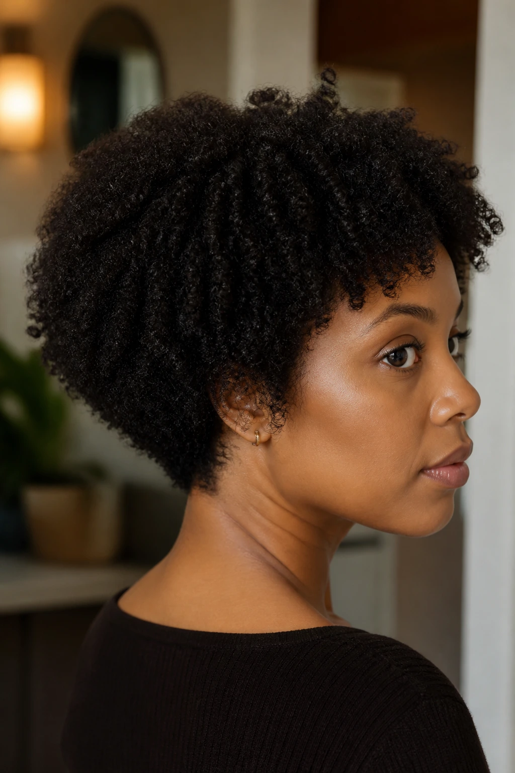Close-up of a Black woman with a natural bob showing shrinkage at the nape in a home setting