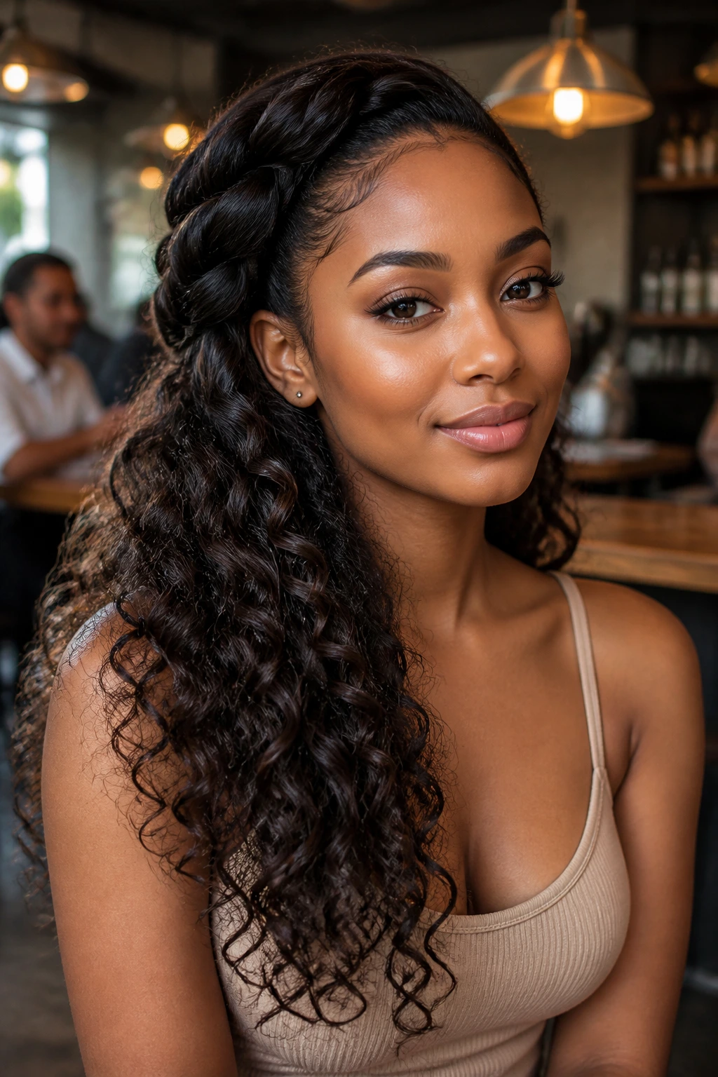 Portrait of a woman with a side braid flowing into loose curls.
