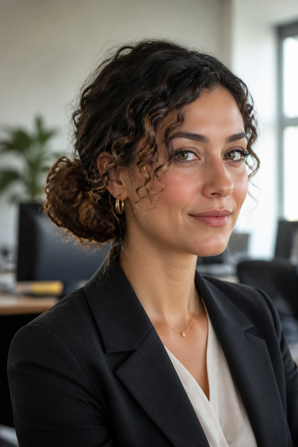 Close-up of a real woman with a shoulder-length curly side bun in an office setting