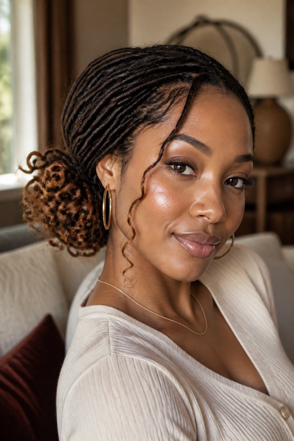 Close-up of a real woman with a side bun and curly ends, warm window light, shallow depth of field