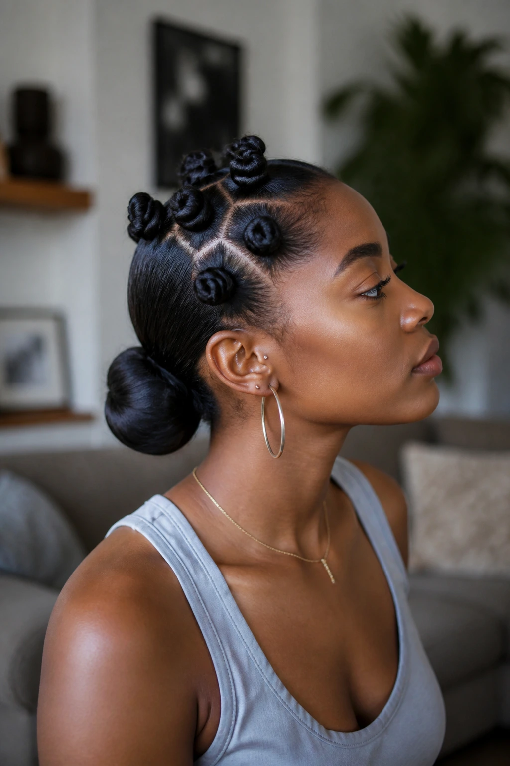 Side-profile of a real woman with knots on one side and a smooth bun on the other