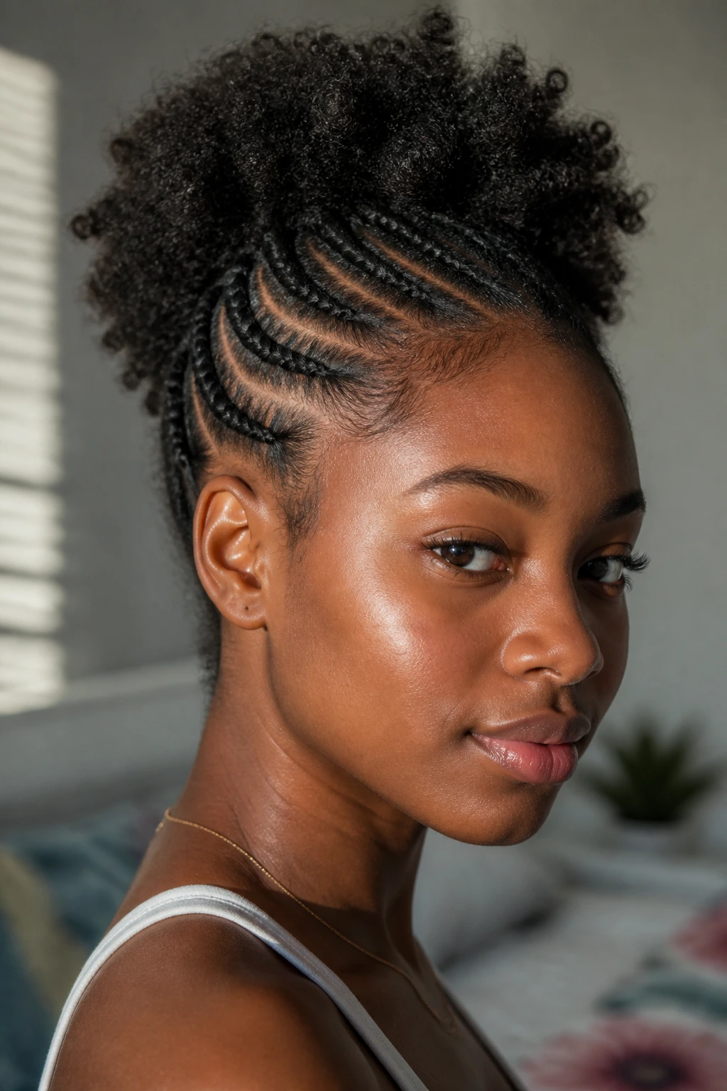 Real woman with side cornrows transitioning into a puff hairstyle.