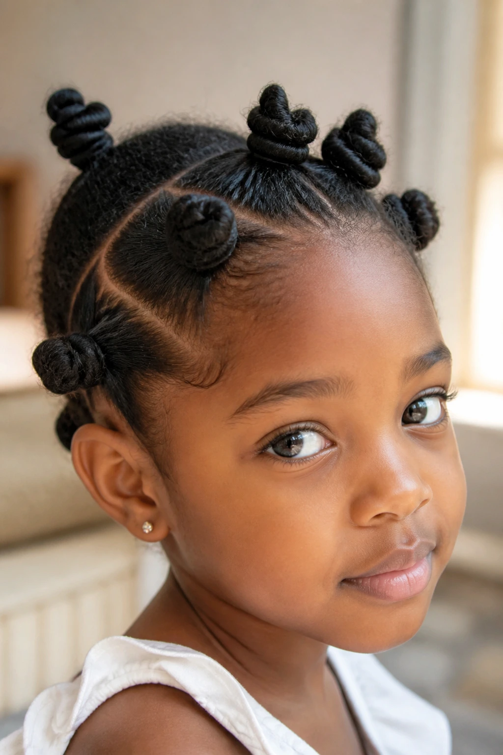 Close-up of a real child with side-halo bantu knots and an accent knot.