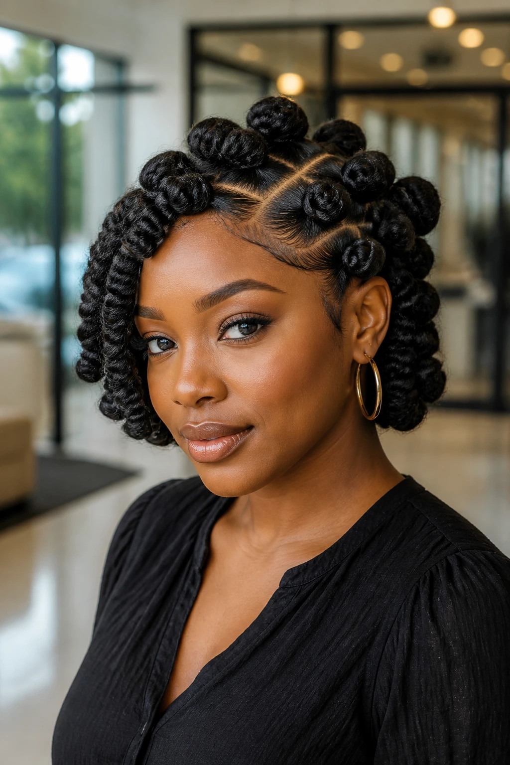 Real woman with a side-part Bantu knot bob close-up.