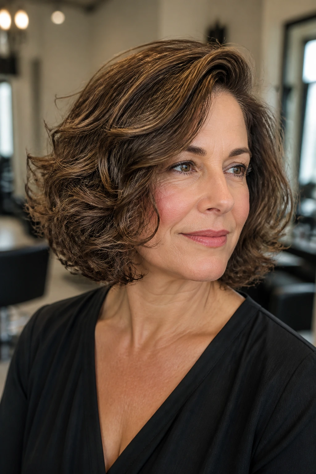Portrait of a real woman with a side-parted bob and bounce perm in a salon