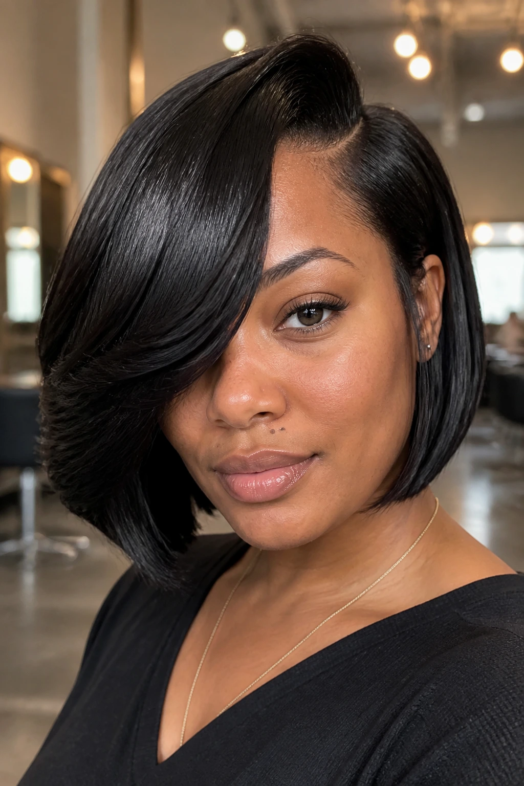 Close-up of a real person with black hair styled in a Side-Part Bob With a Heavy Swoop in a salon