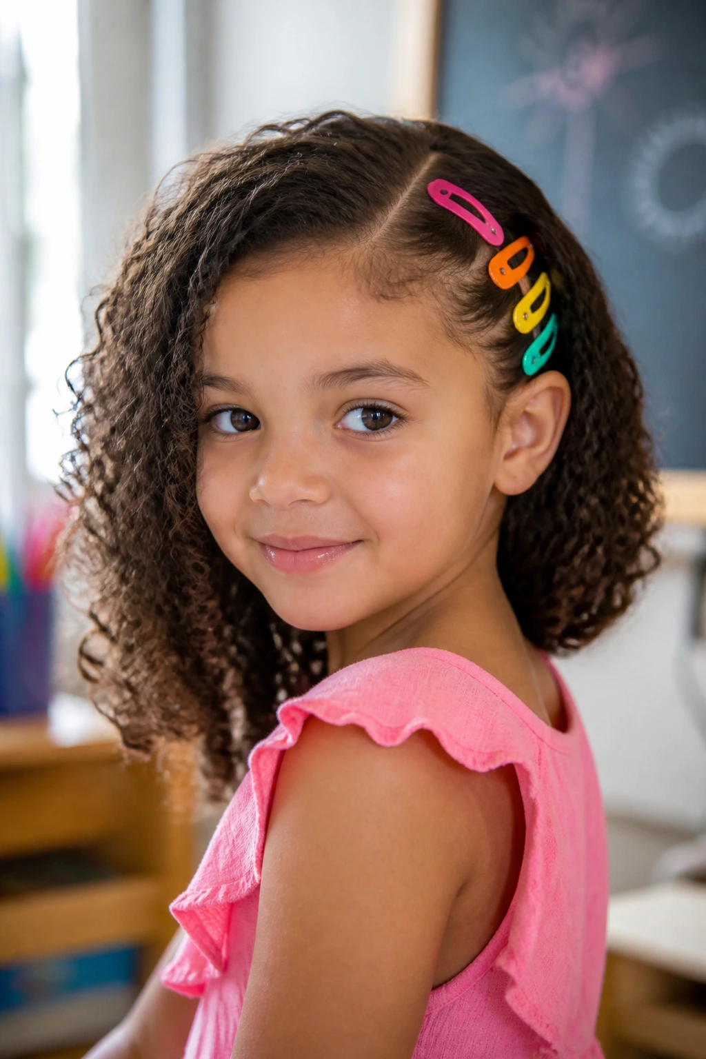 Close-up of a girl with a deep side part and bright clips among curls
