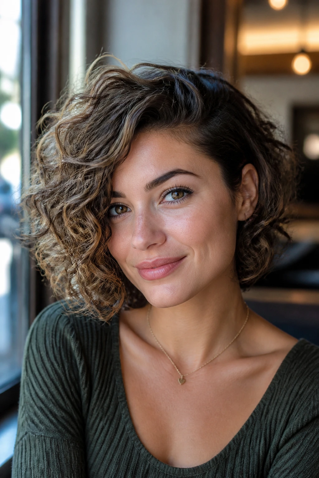Close-up portrait of a real woman with side-part curly bob