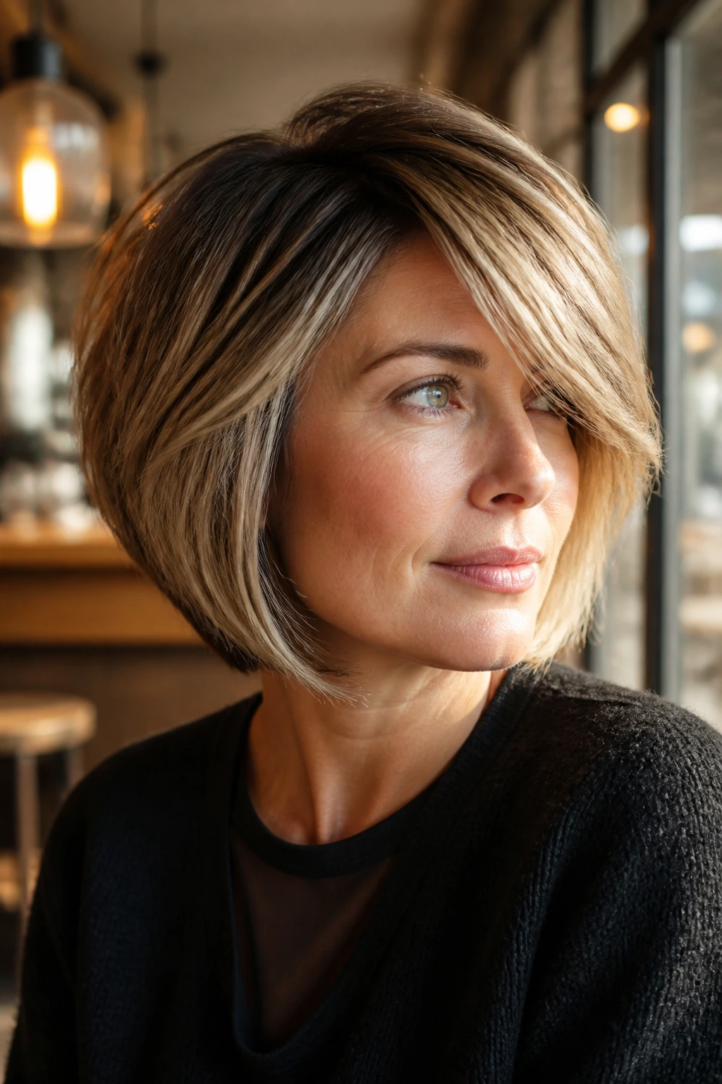 Close-up portrait of a real woman with a side-parted layered bob sweeping across the forehead