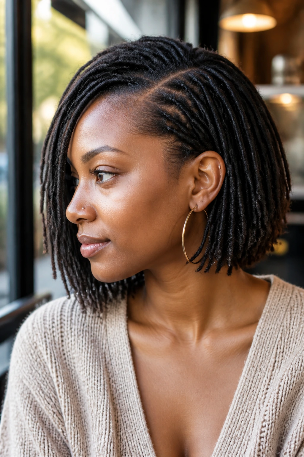 Portrait of a woman with side-part loc bob and soft taper