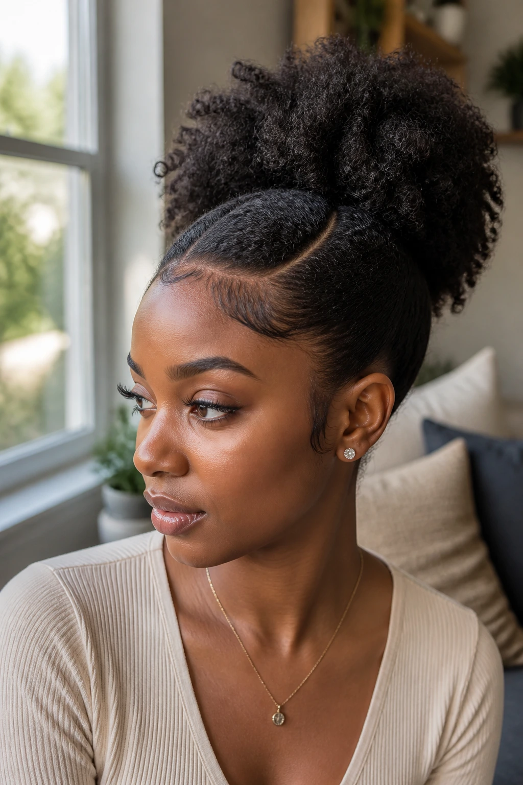 Close-up of a real woman with a side-part puff and laid edges.