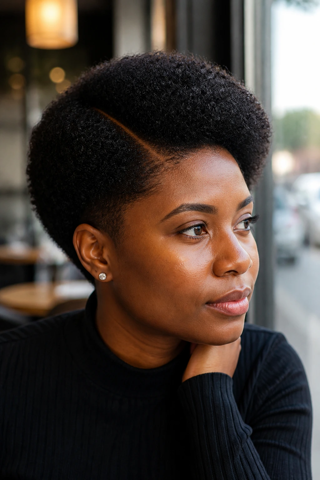 Close-up portrait of a real person with a side-part tapered afro for 4C hair