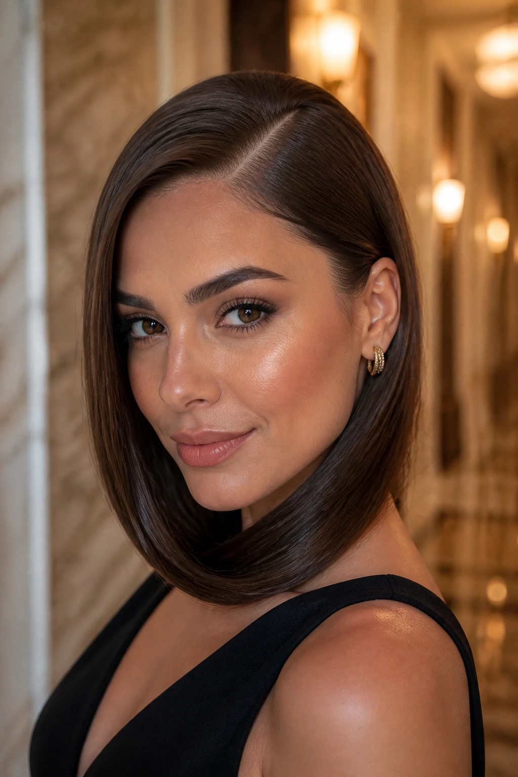 Close-up of a woman with a deep side part and wrapped hair
