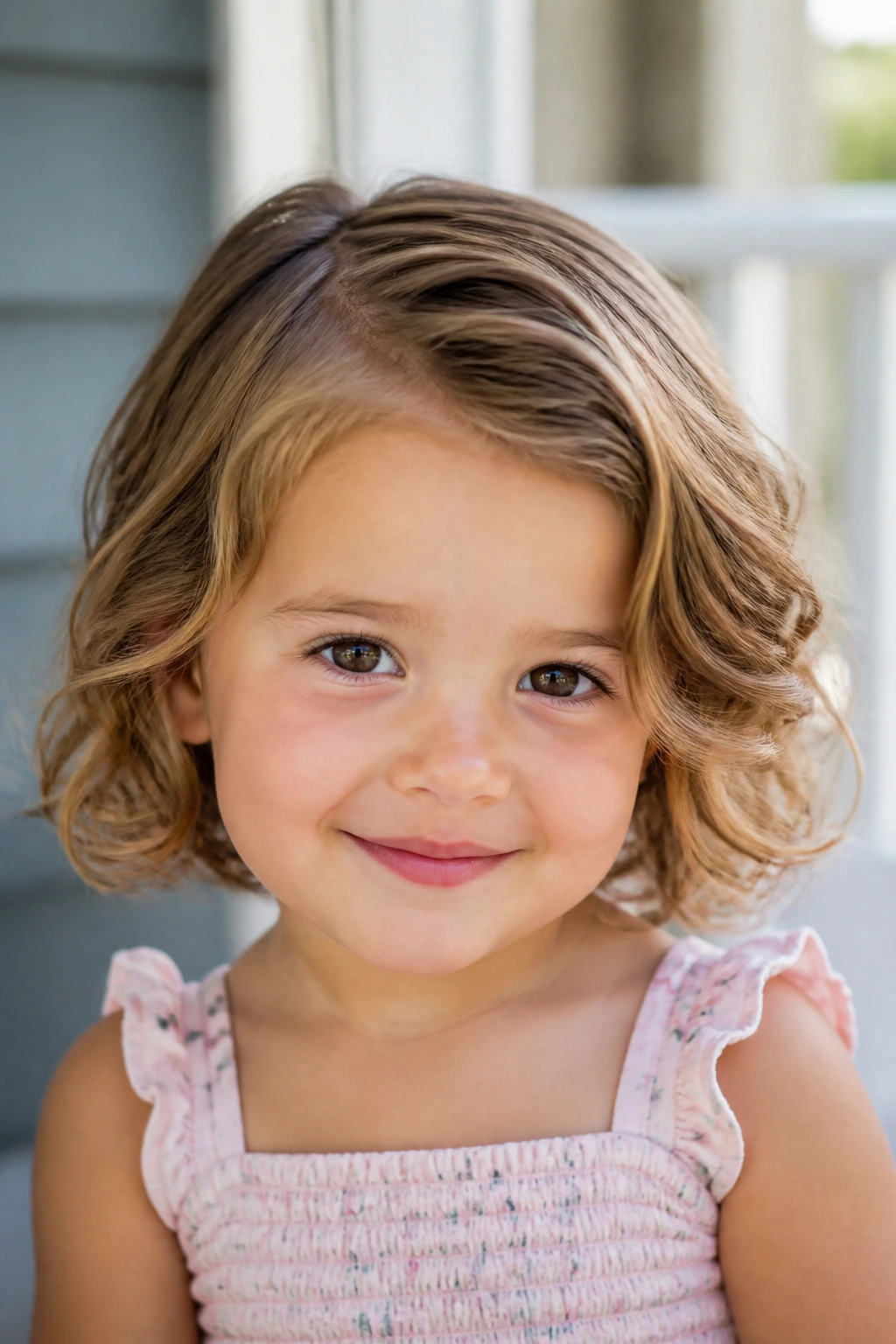 Close-up of baby girl with side-parted wavy bob