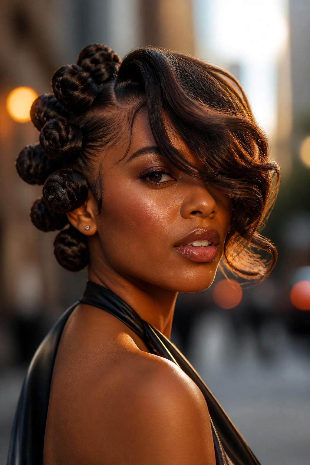 Side-Pinned Knot Stack With Sweeping Fringe close-up