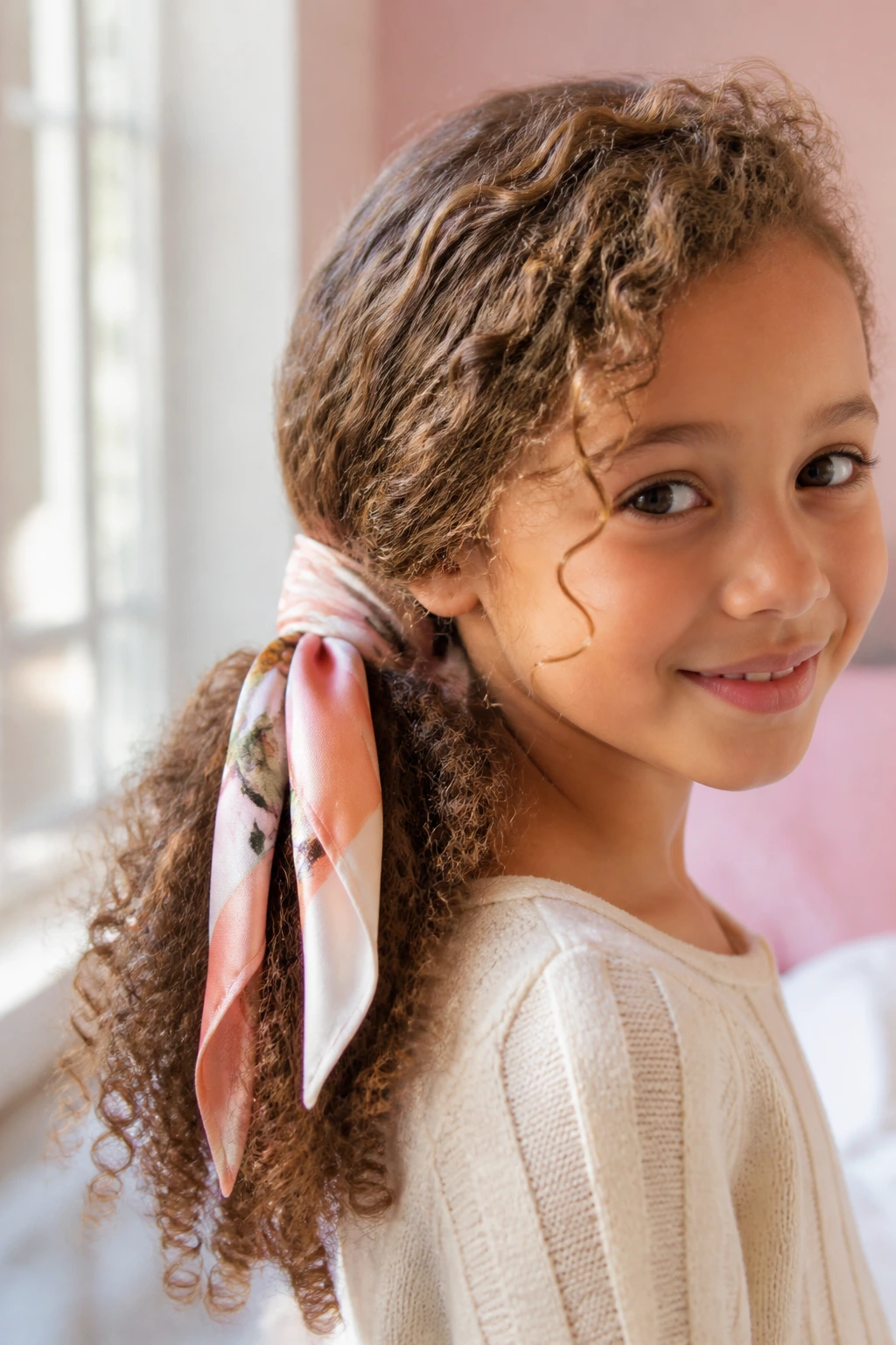 Close-up of a real child with a low side pony wrapped by a colorful scarf in a sunlit bedroom.