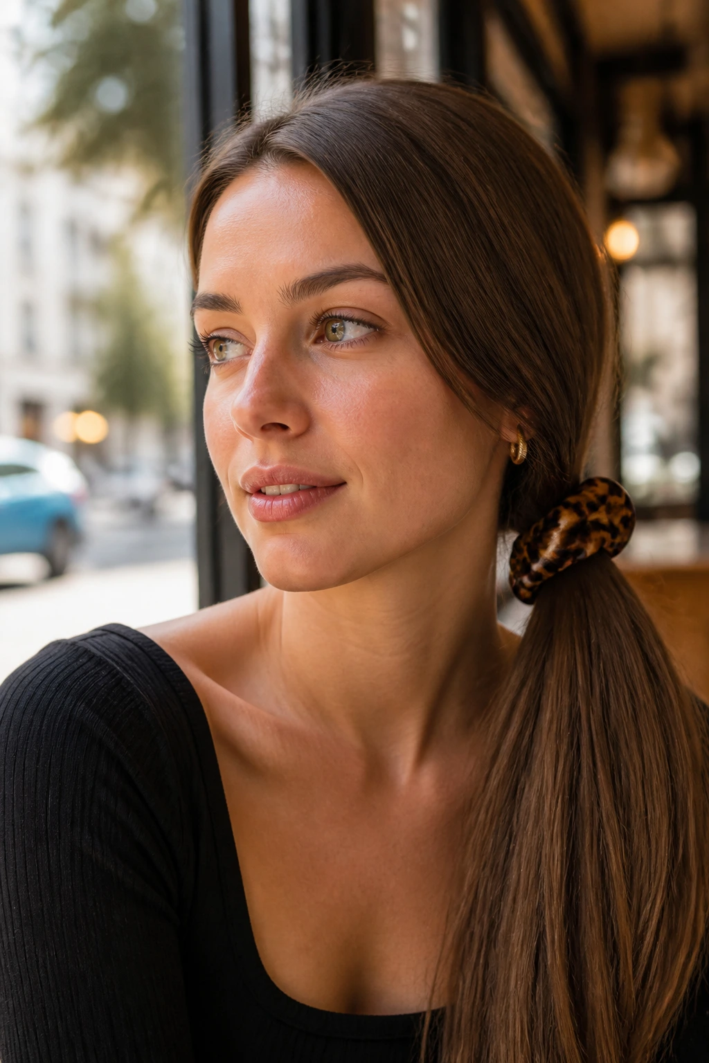 Side ponytail with a bold elastic on a real person