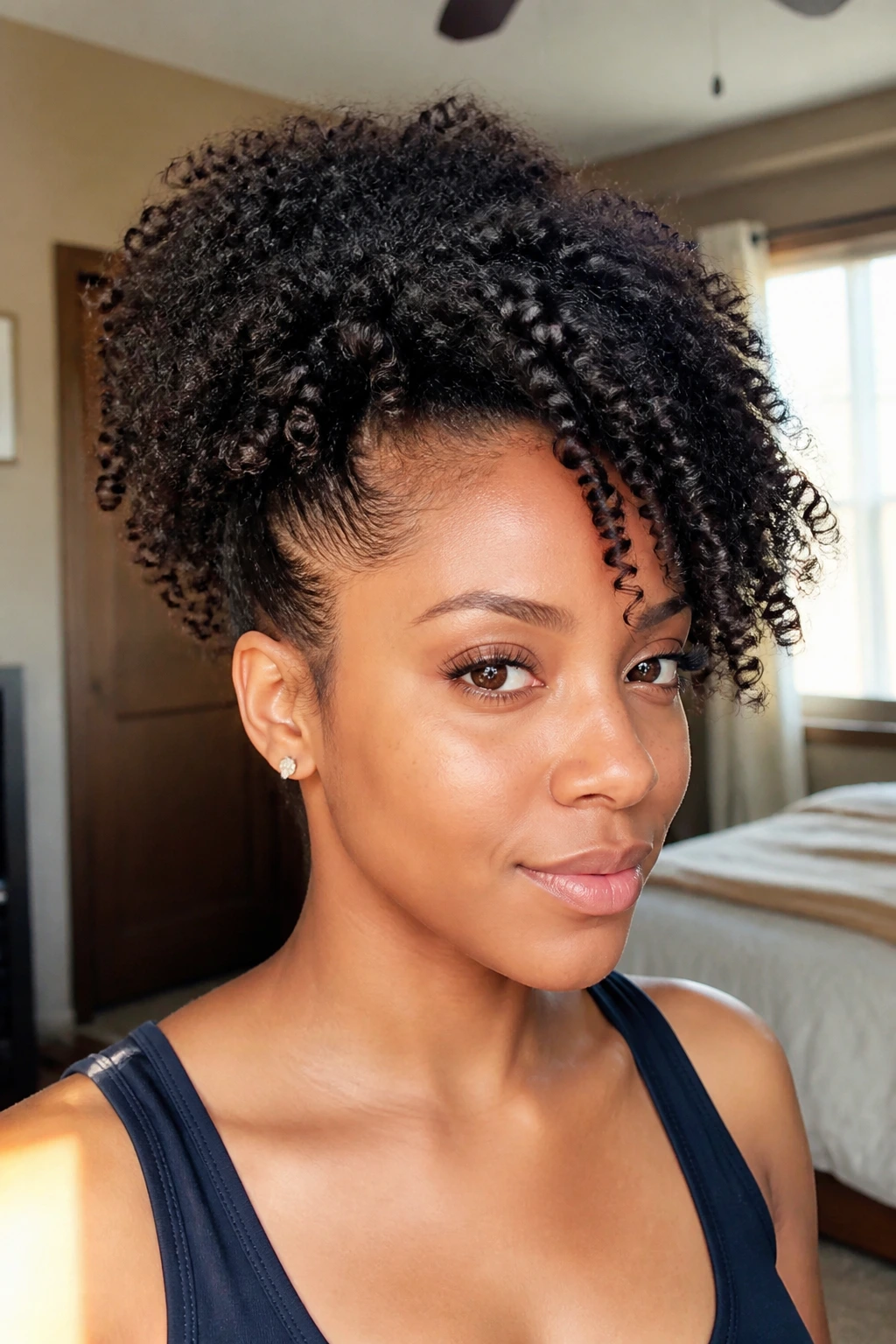 Close-up of a real woman with a side puff hairstyle and crown volume by a sunlit window
