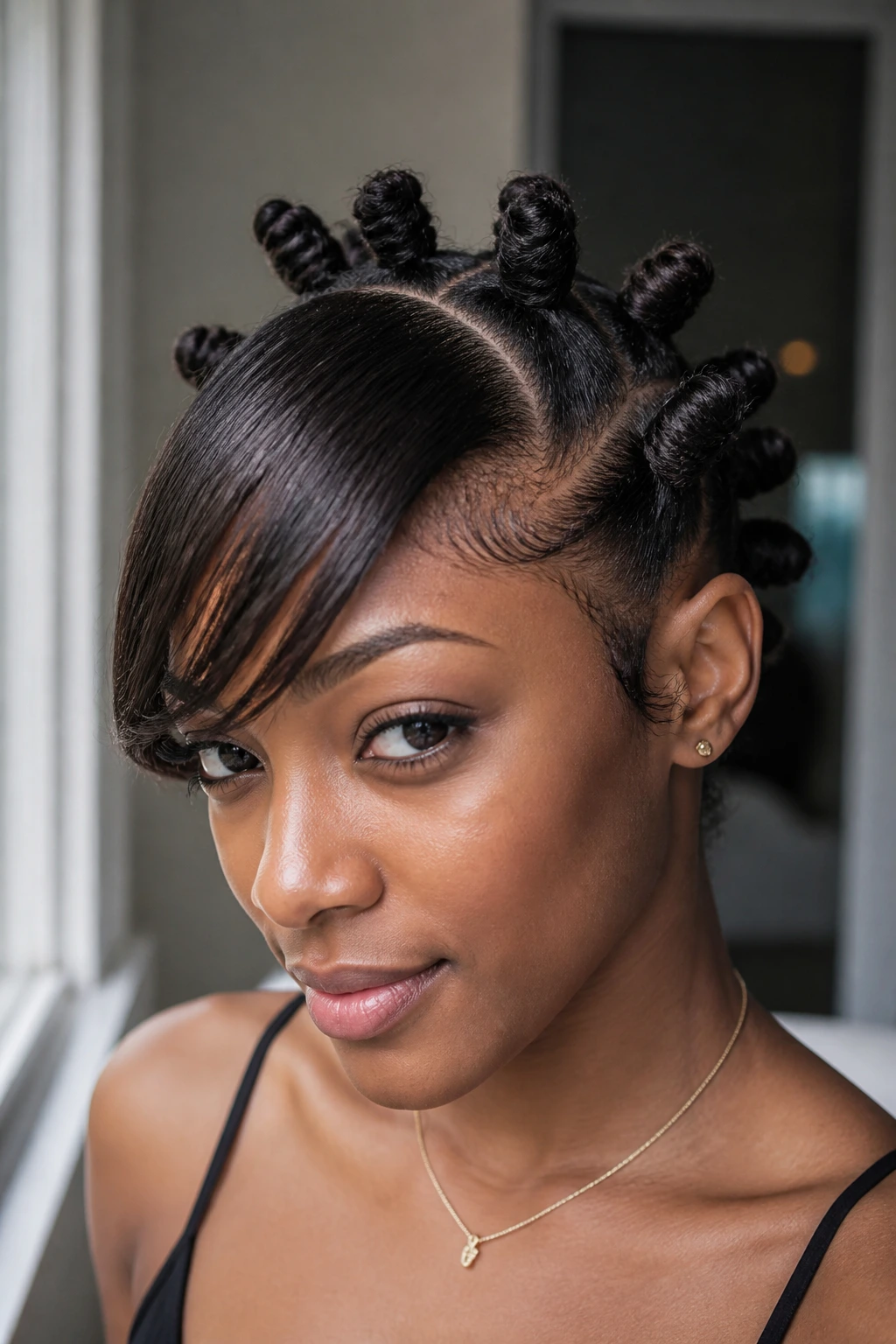 Side-swept bangs and small crown knots close-up portrait