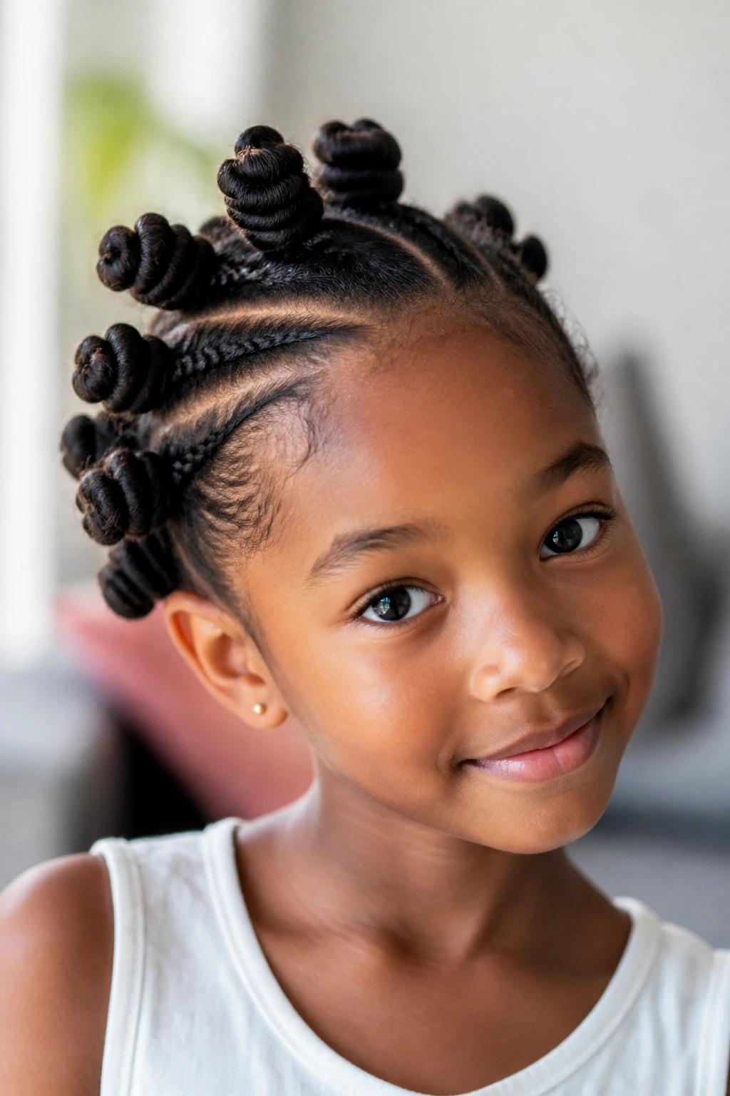 Child with side-swept bantu knots for a soft playful look