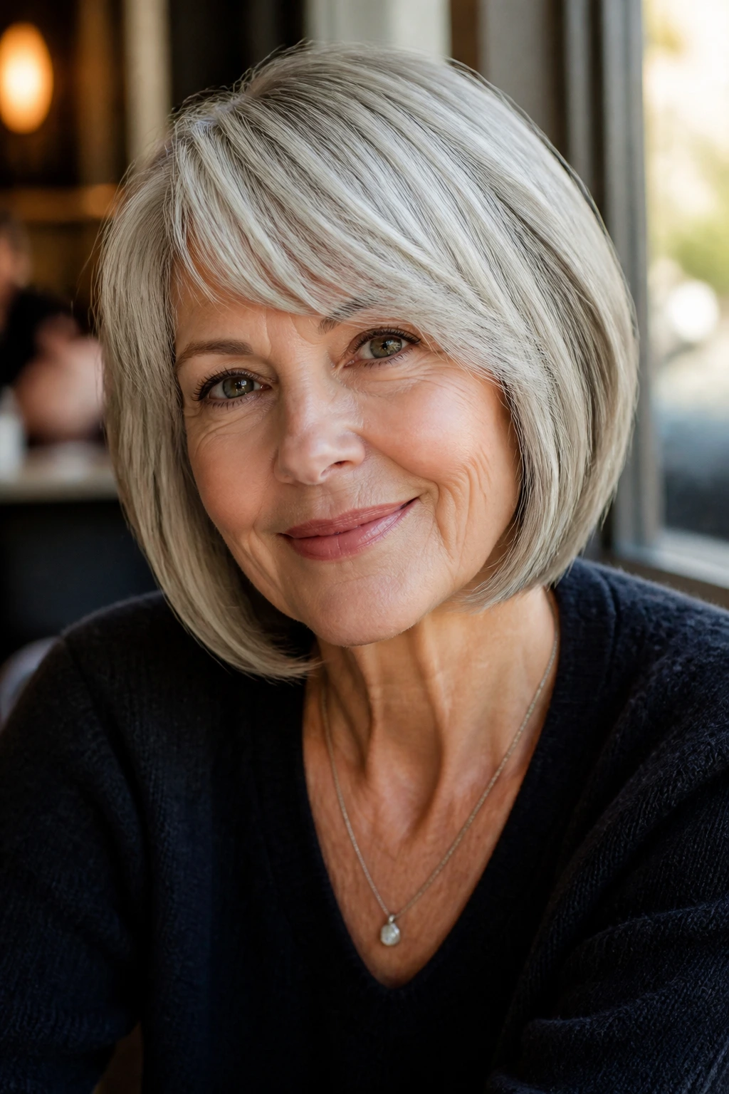 Portrait of a real woman with a side-swept bob and soft bangs by a cafe window.